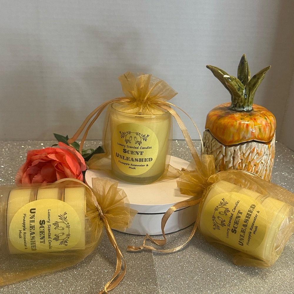 NEW- PINEAPPLE ROSEWATER & MUSK: SCENT UNLEASHED, LUXURY HAND POURED CANDLES. - Picture 2 of 6